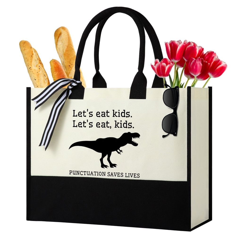 Teacher Areciation Tote Bag - Punctuation Saves Lives, Black & White :]